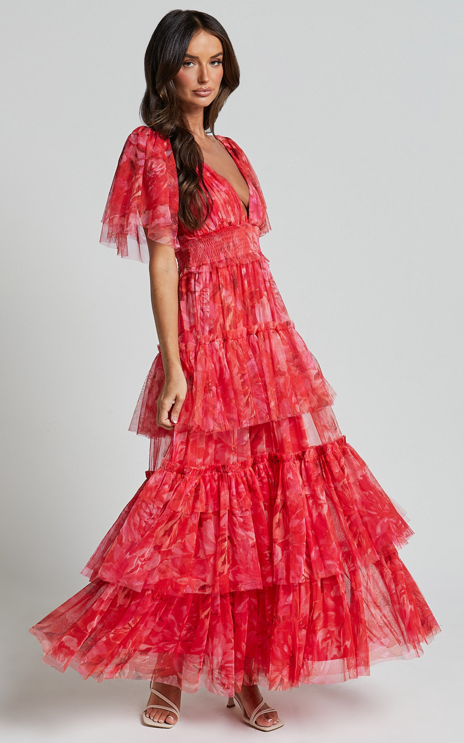 Leianna Midi Dress Tulle Flutter Sleeve Tiered Ruffle Dress in Sunset Floral Showpo USA