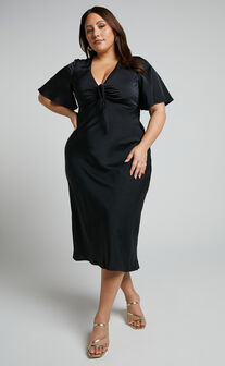 Nicholla Midi Dress - Ruched Front Angel Sleeve Slip Dress in Black