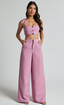 Amaris Two Piece Set - Button Detail Crop Top and Wide Leg Pants Set in Pink
