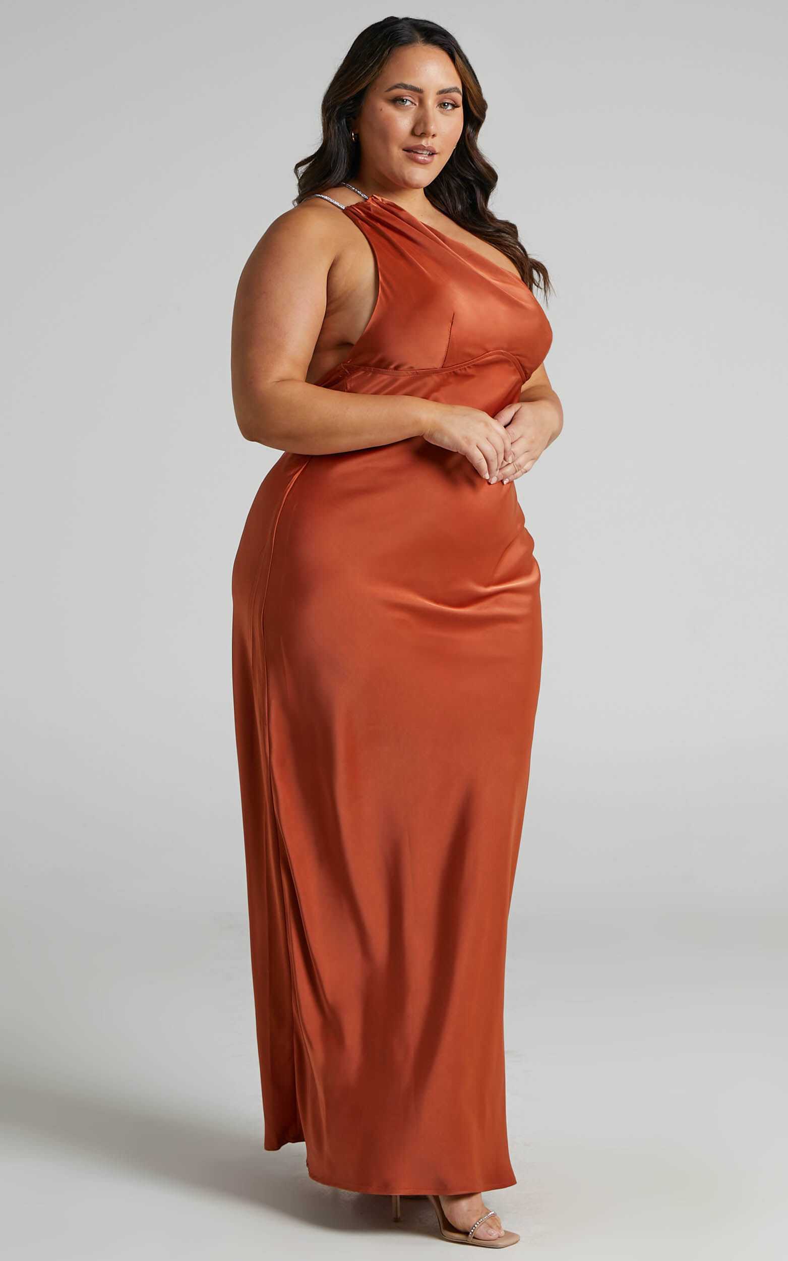 Elzales Midi Dress - One Shoulder Beaded Strap Satin Dress Elzales Midi Dress - One Shoulder Beaded Strap Satin Dress