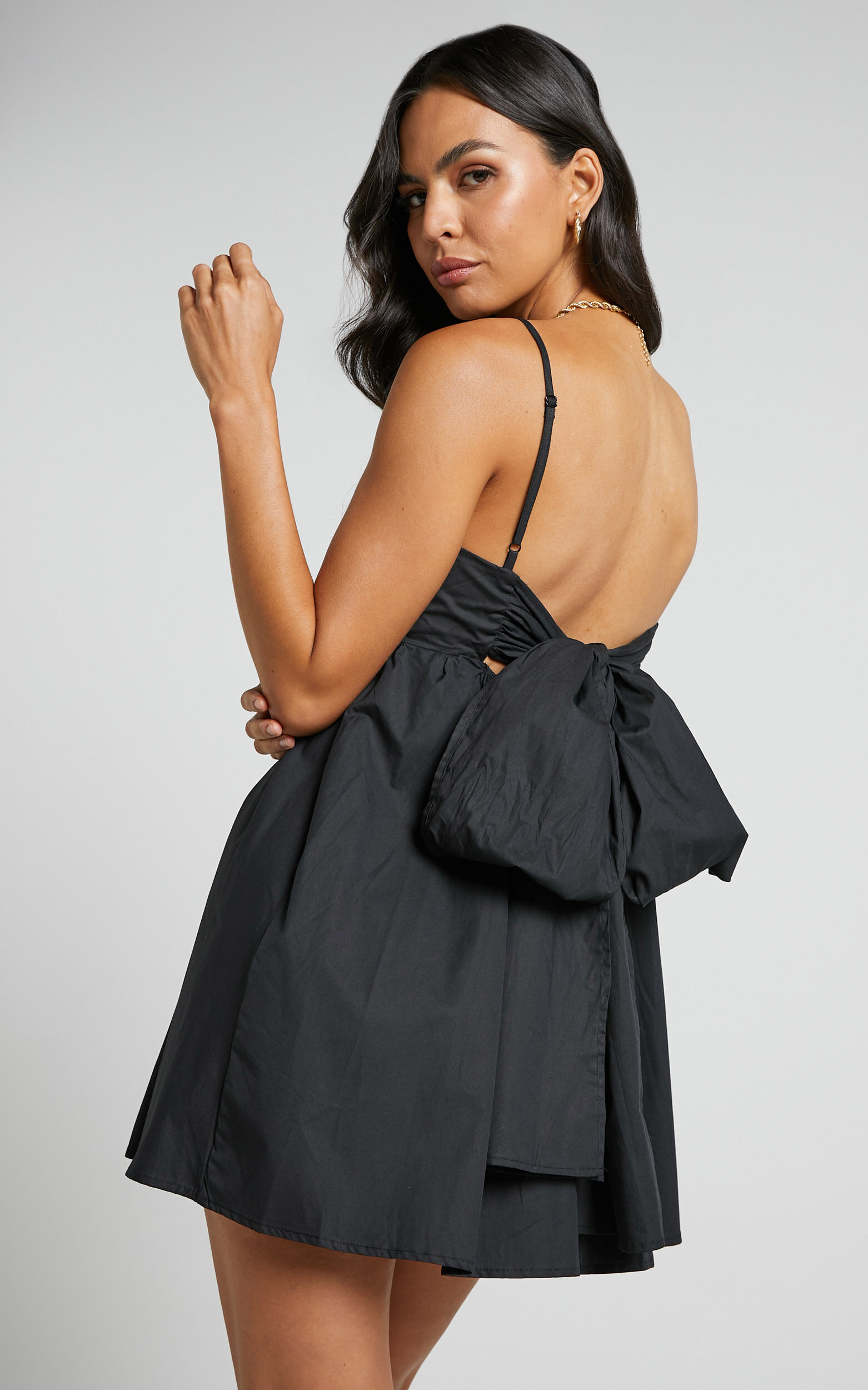 Clover Mini Dress Back Bow Babydoll Dress in Black Showpo