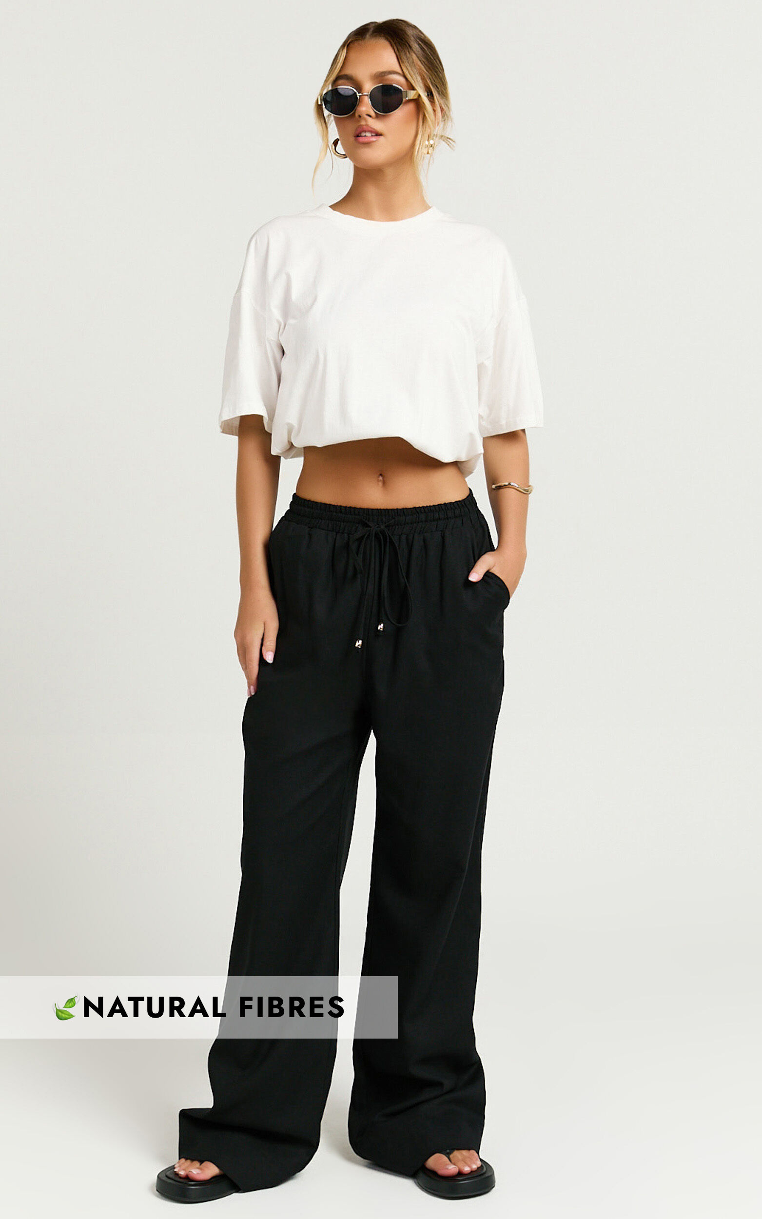 Hamilton Linen Blend Pants - Straight Elasticated Mid Waist Pants in Black - 06, BLK1