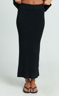 Halle Midi Skirt - High Waist Bodycon Knit Midi Skirt in Black