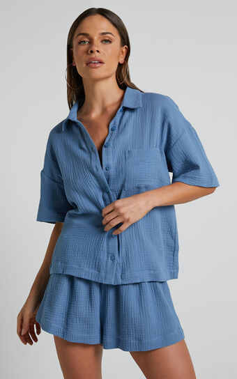 Donita Top - Button Up Shirt Top in Azure Blue