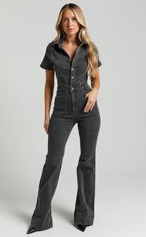Silvena Jumpsuit - Short Sleeve Flared Denim Jumpsuit in Black Wash