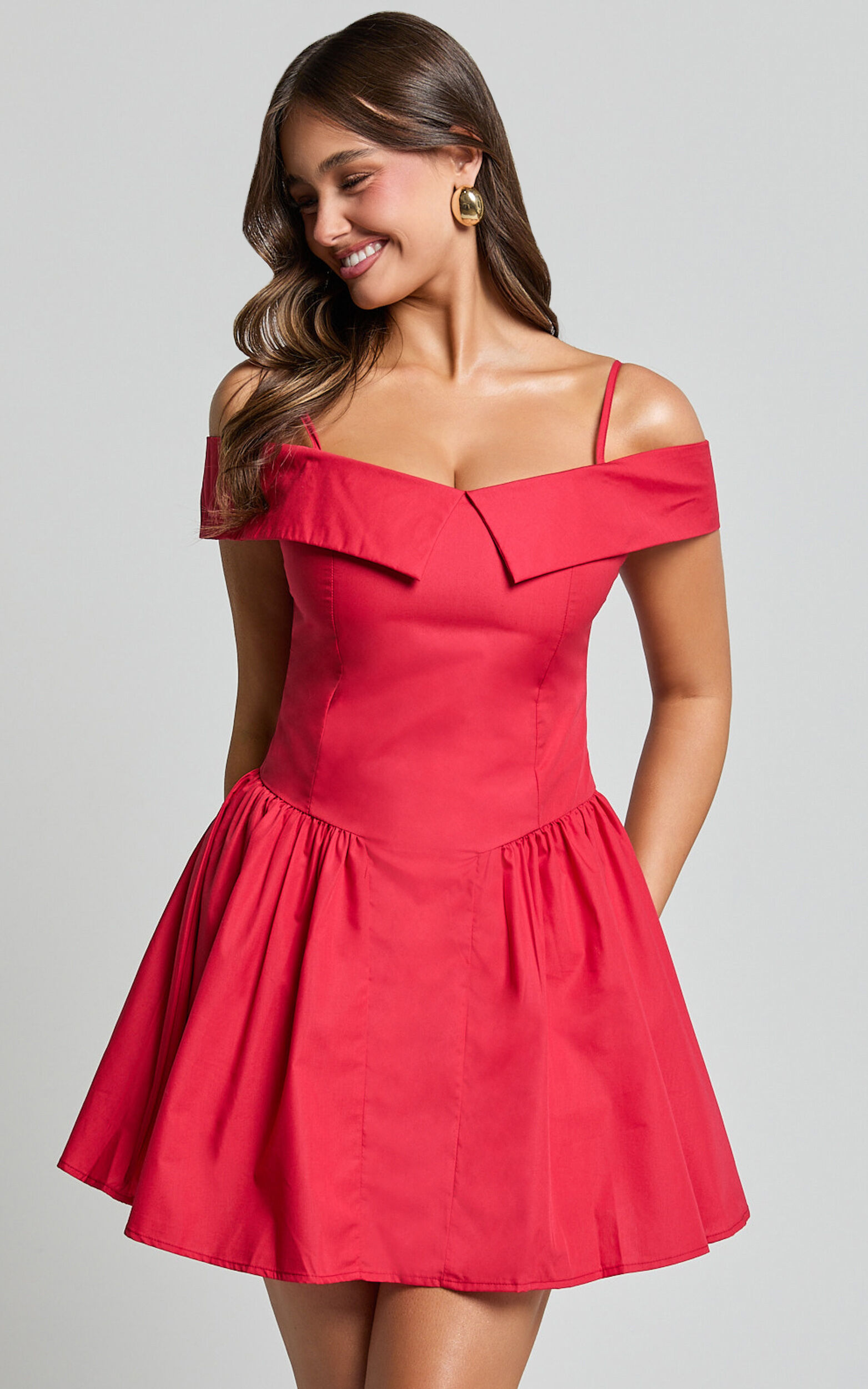 Red off the shoulder fit and flare dress top