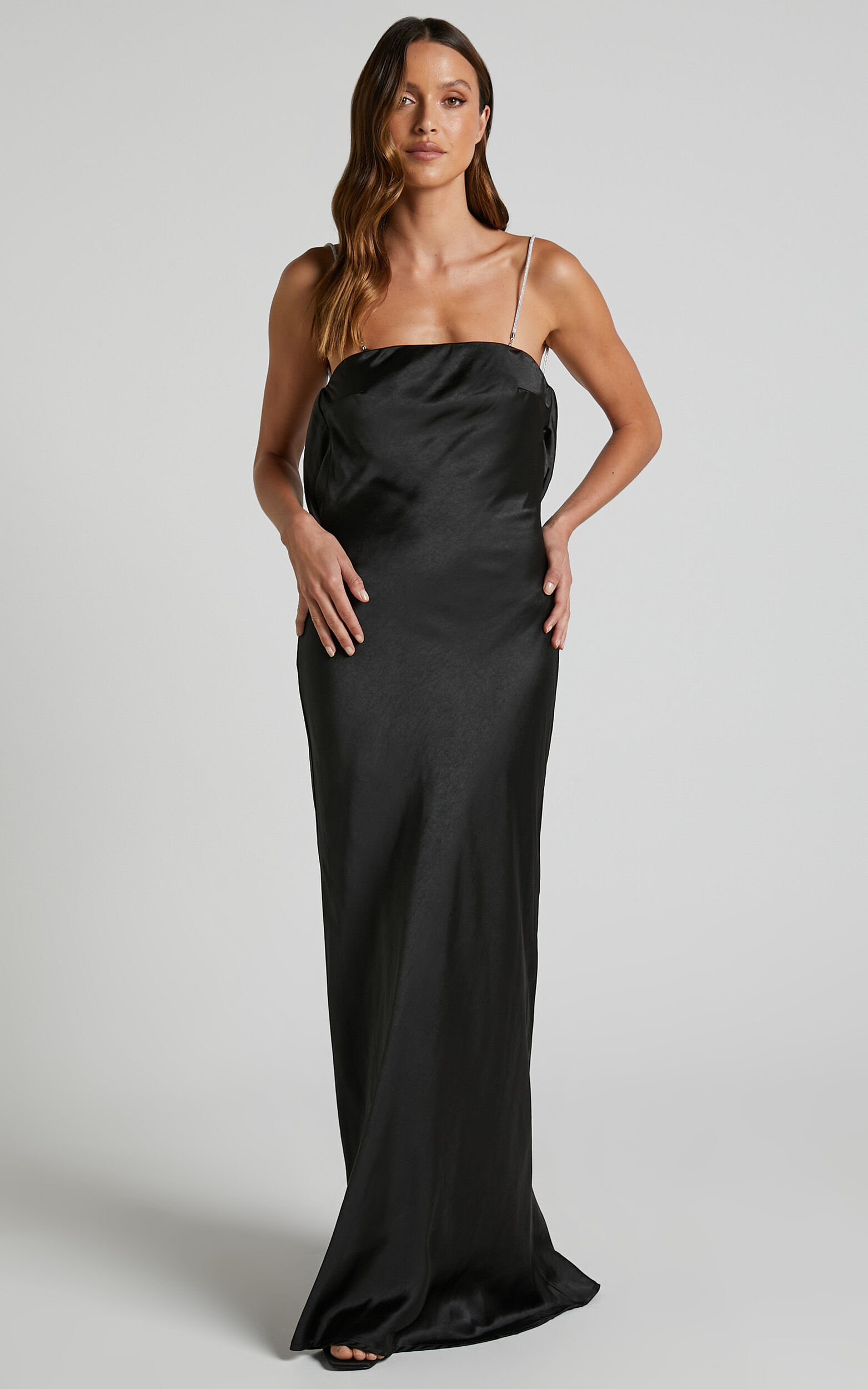 Arichie Maxi Dress - Cowl Back Diamante Strap Satin Dress in Black ...