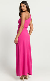 Marge Maxi Dress - One Shoulder Ruched Thigh Split Dress in Hot Pink ...