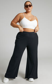 Amalthea Pants - High Waisted Jersey Rib Wide Leg Pants in Black