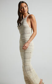 Clara Midi Dress - High Neck Bodycon Knit Dress in Beige | Showpo USA