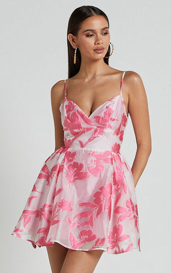 Romy Mini Dress - Strappy V Neck Fit and Flare Jacquard Dress in Pink