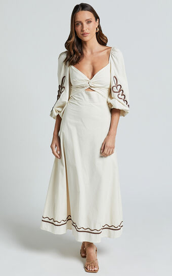 Isadora Midi Linen Blend Dress - Cut Out Long Sleeve Contrast Embroidery Dress in Natural