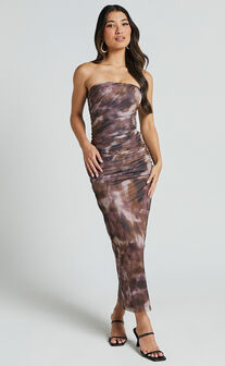 Yazmin Midi Dress - Strapless Ruched Mesh Slip Dress in Rustic Haze Print