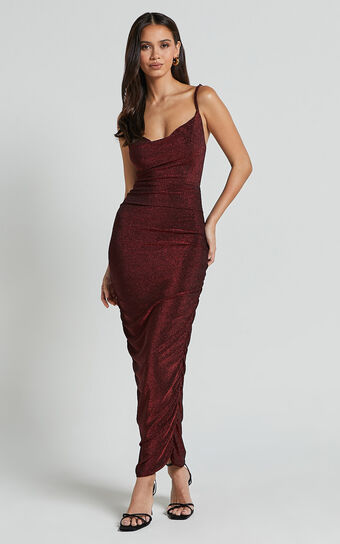 Roma Midi Dress - Ruched Cowl Neck Dress in Berry