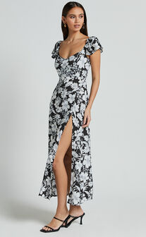 Donissa Midi Dress - Thigh Split Flutter Sleeve Dress in Black/White Print