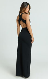 Tonya Maxi Dress - High Neck Cross Back Bodycon Dress in Black