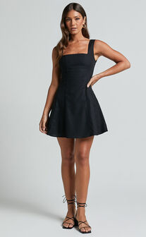 Adiana Mini Dress - Linen Look Square Neck Shirred Back A Line Dress in Black