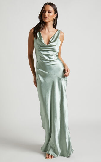 Adilah Maxi Dress - Cowl Neck Satin Dress in Pistachio