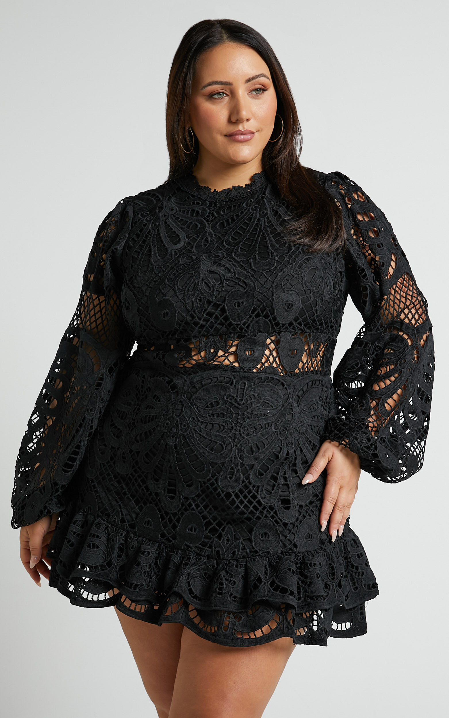 Kiss Me Now Mini Dress Long Puff Sleeve Dress in Black Lace