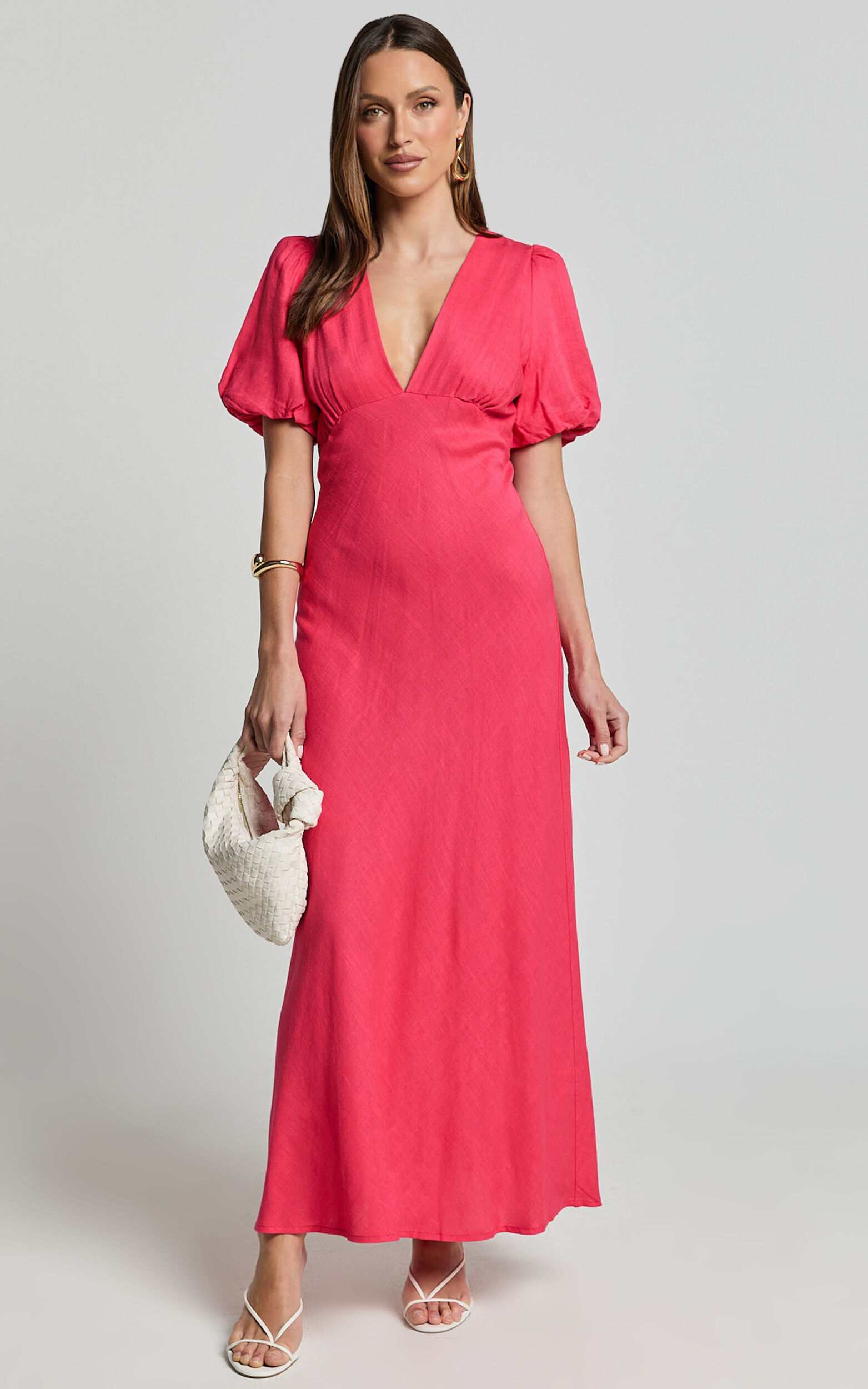 Celeste Midi Dress - Plunge Neck Short Puff Sleeve Linen Blend Dress in Berry - 06, PNK1