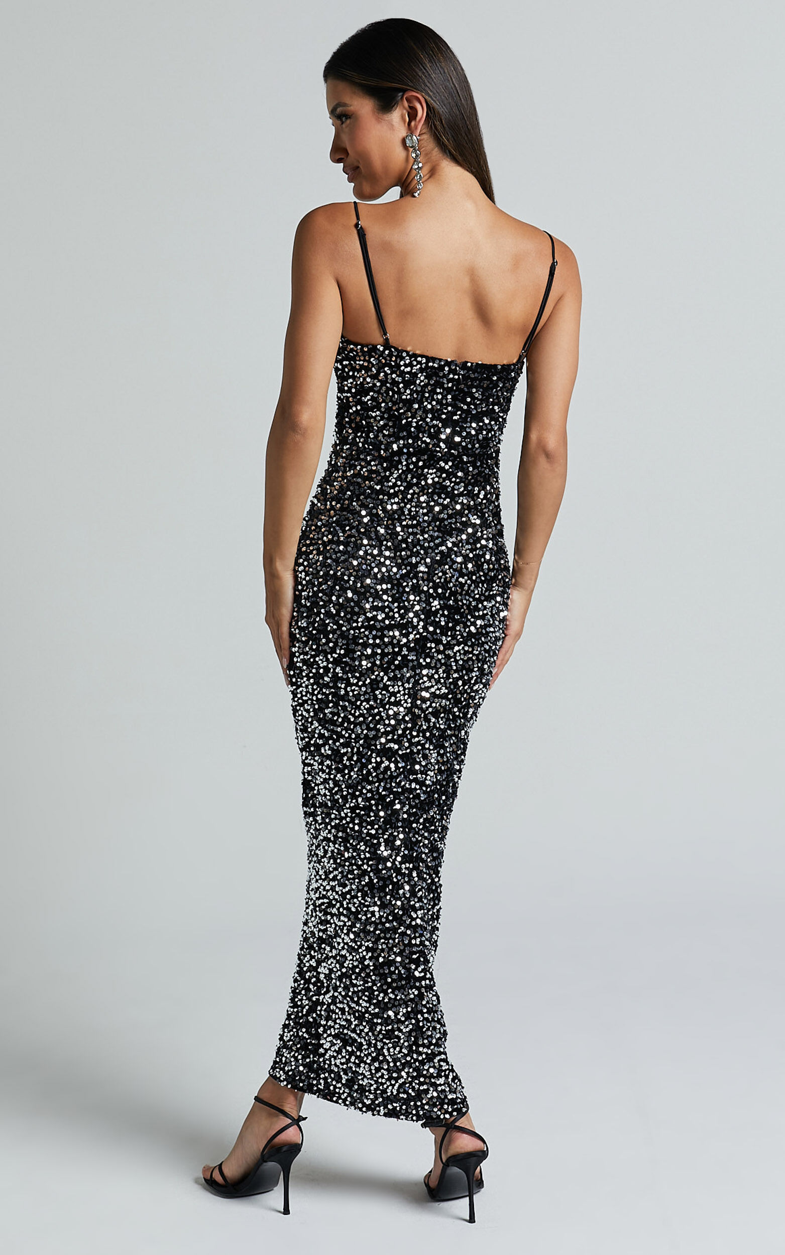 Rayner Midi Dress V Bar Sequin Bodycon Dress in Black and Silver Showpo EU