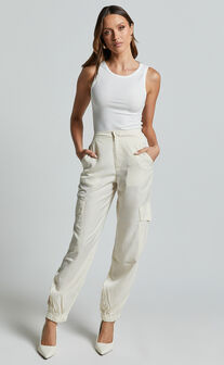 Robbie Pants - High Waisted Cuffed Ankle Cargo Pants in Oyster
