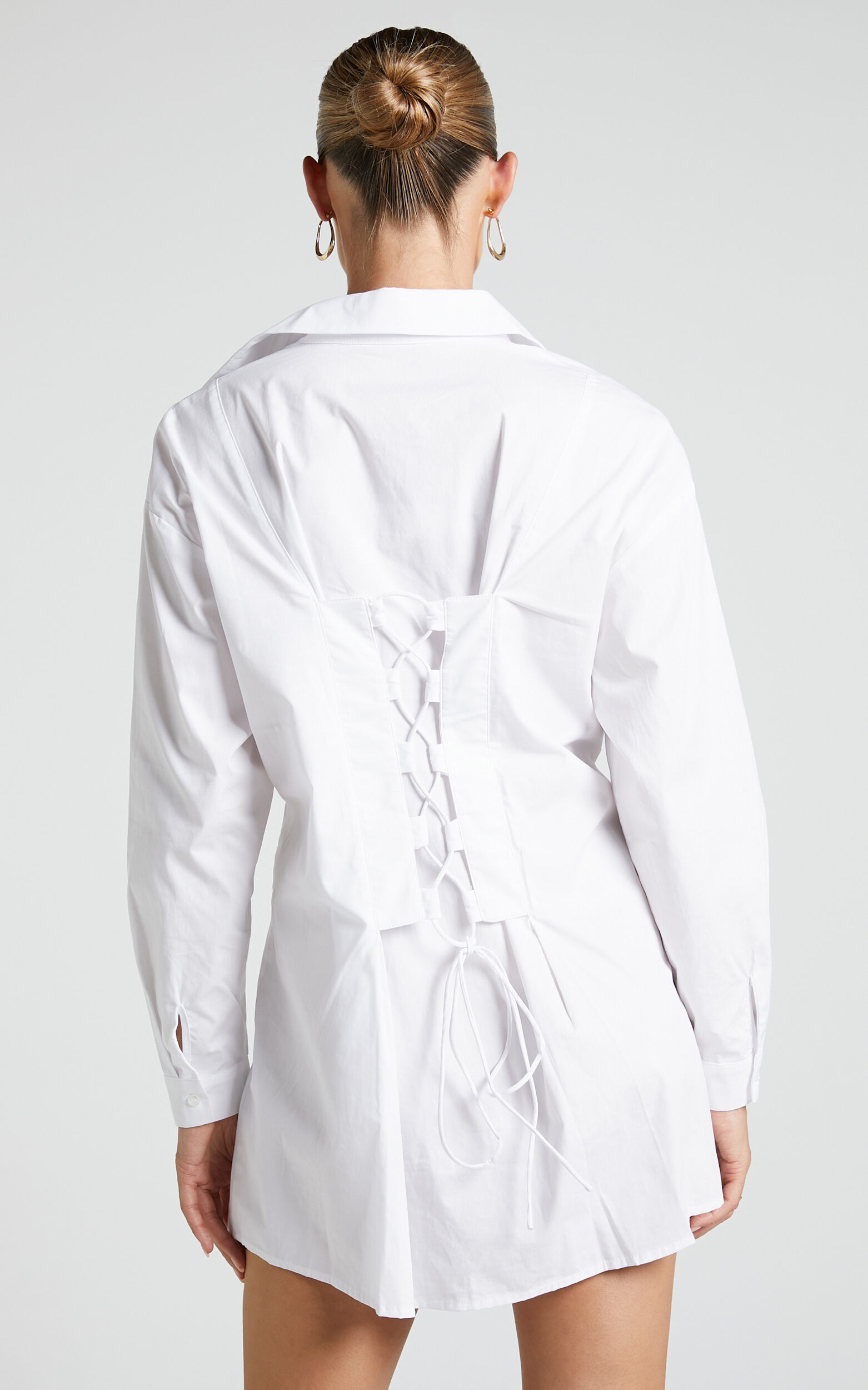 Rachana Shirt Dress Lace Up Back Longline Shirt Dress in White Showpo USA