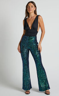 Deliza Pants - Mid Waisted Sequin Flare Pants in Mermaid Teal