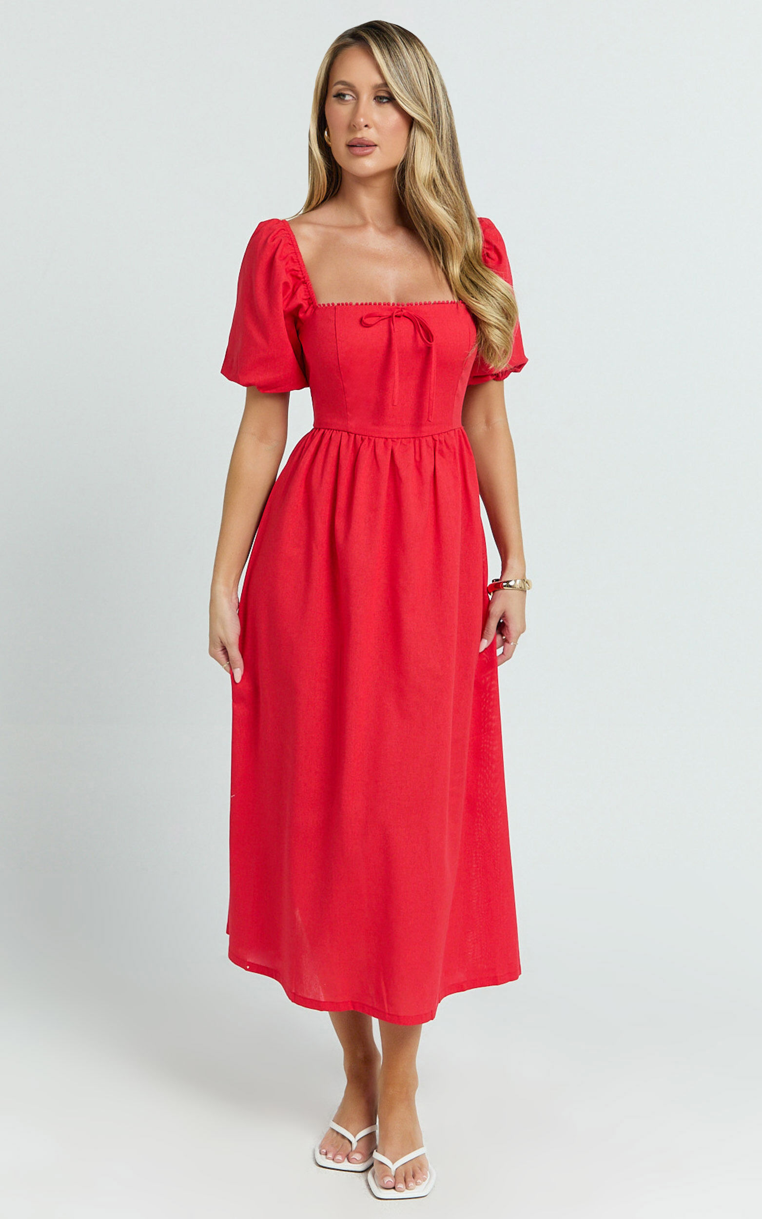 Quinn Midi Linen Blend Dress - Puff Sleeve Square Neck Dress in Red ...