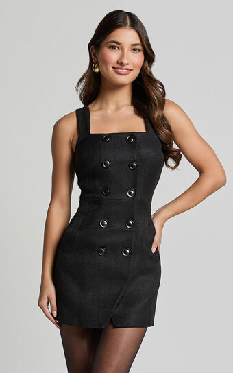 Tonia Dress - Boucle Button Detail Dress in Black