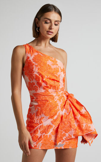 Brailey Mini Dress  One Shoulder Wrap Front in Orange Jacquard Showpo