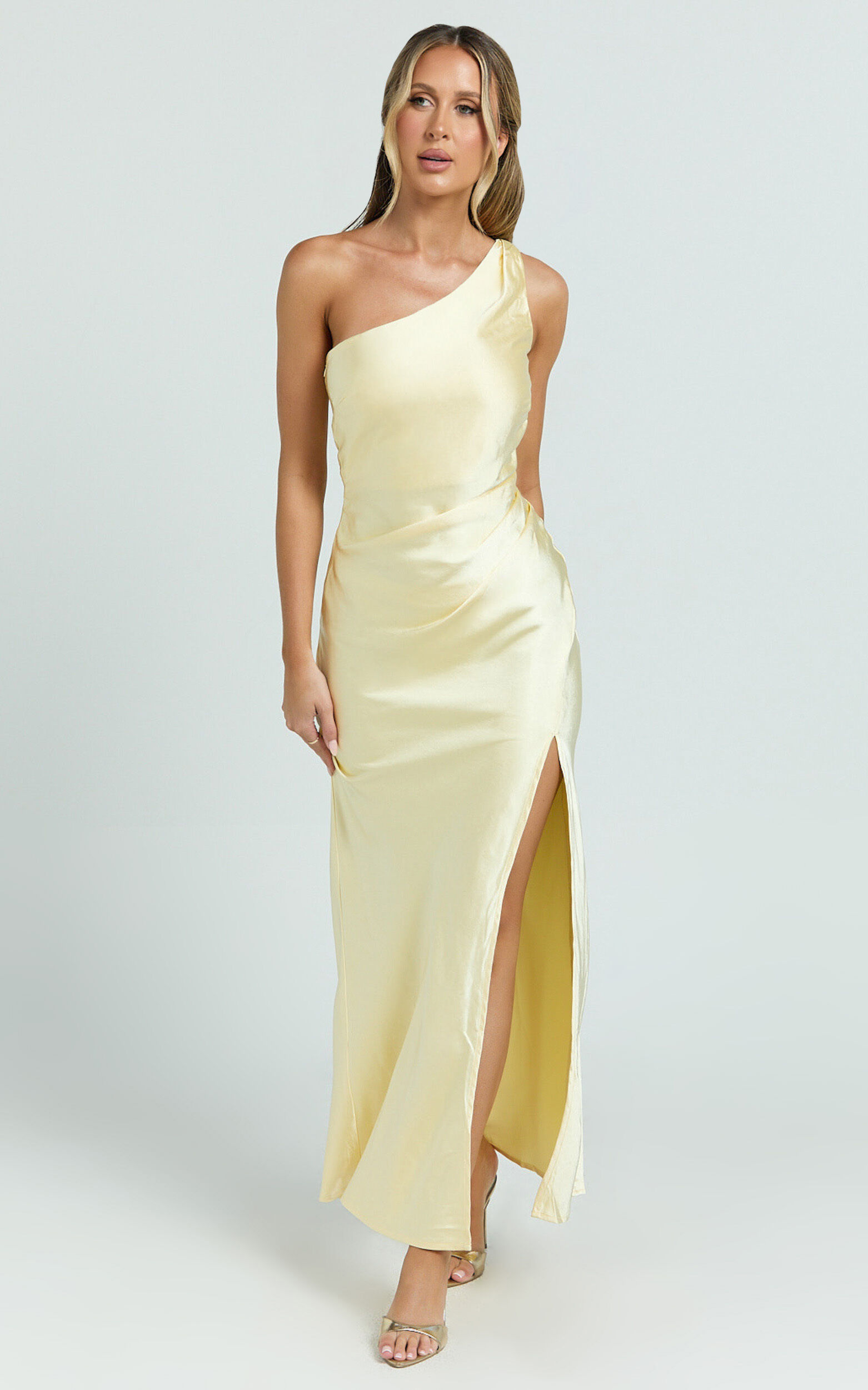 Isla Trendy One Shoulder Pleats Slit Satin Dresses