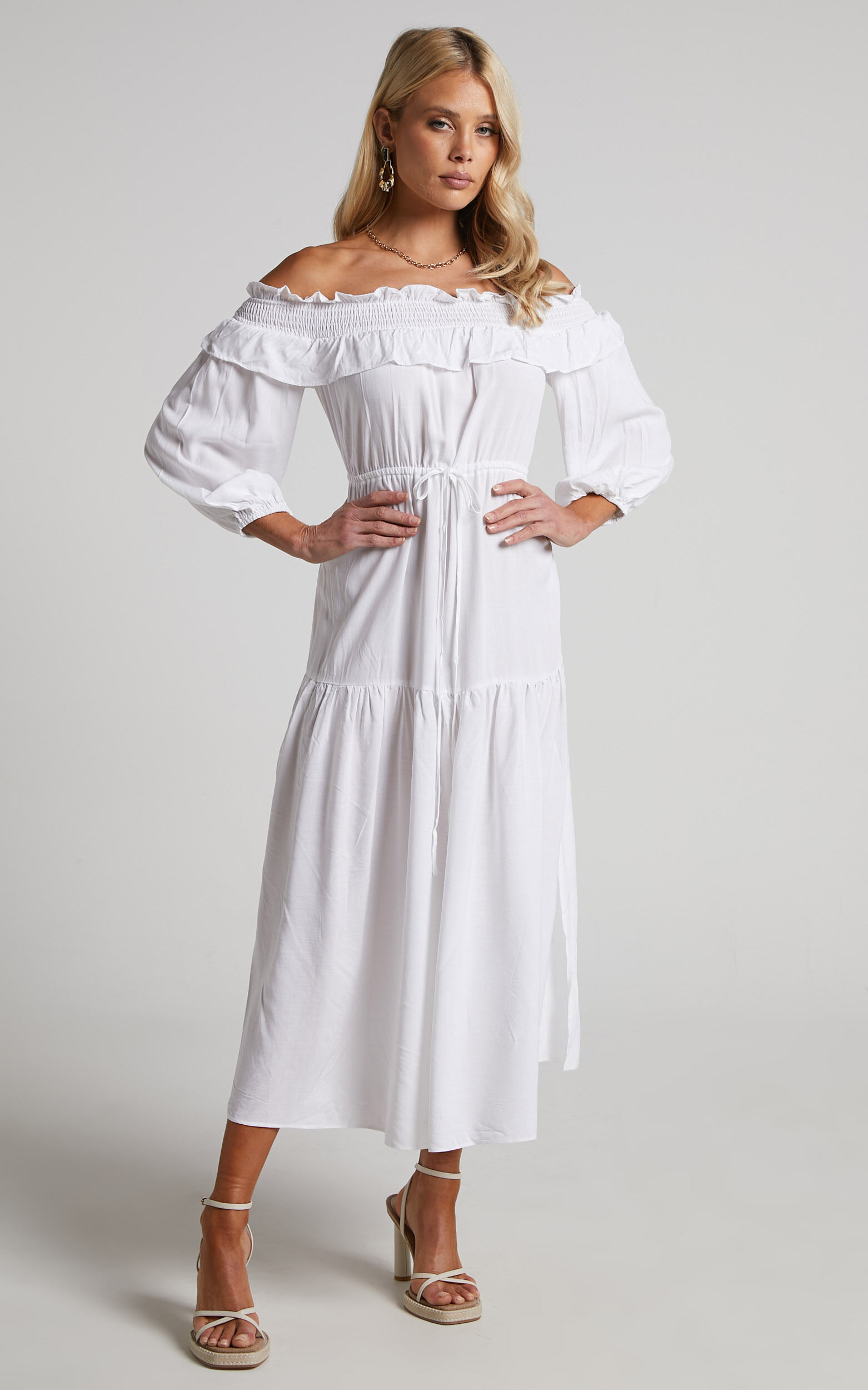 Millania Midi Dress Off Shoulder Long Sleeve Tiered Dress in
