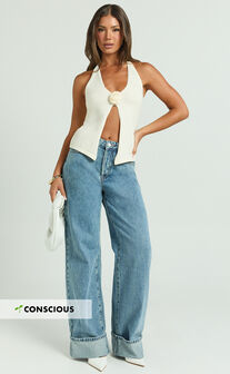 Arwyne Jeans - Mid Rise Baggy Deep Turnup Recycled Denim Jeans in Light Blue Wash