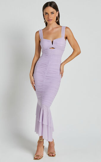 Kody Midi Dress - Bodycon Ruched Mesh Cut Out Dress in Lilac