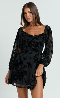 Jessell Mini Dress - Long Sleeve Cowl Corset Dress in Ebony Burnout