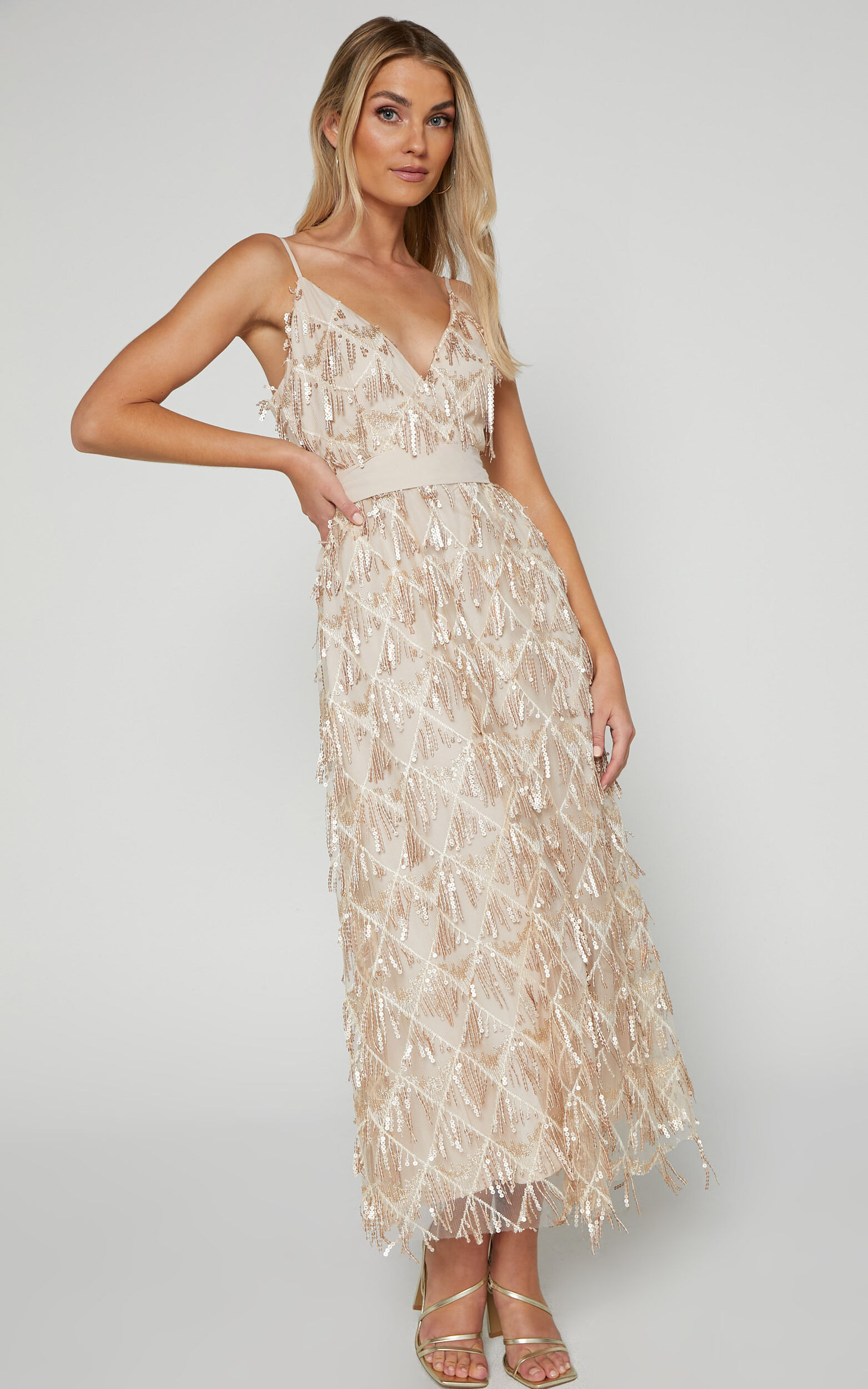 Shook Midi Dress- Plunge fringe midi dress in champagne sequin in Gold - 04, GLD1
