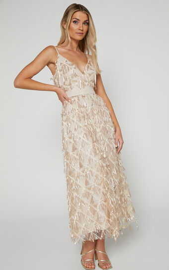 Shook Midi Dress- Plunge fringe midi dress in champagne sequin in Gold