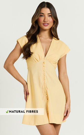 Tallulah Mini Dress - Linen V Neck A Line Dress in Lemon
