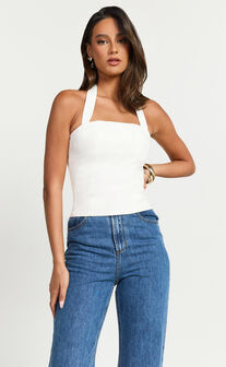 Mercy Top- Linen Square Neck Halter Top in White