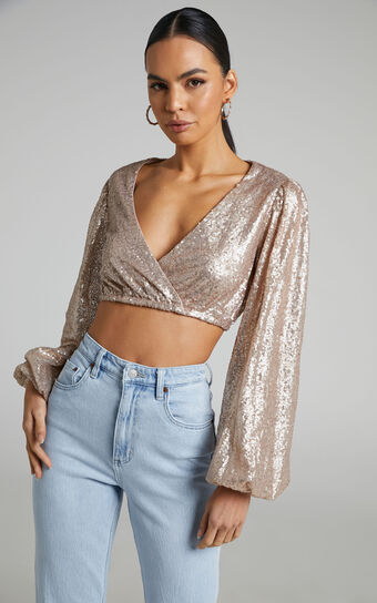 Looma Top - Sequin Long Sleeve Crop Top in Champagne