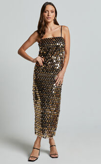 Amarie Midi Dress - Circle Sequin Dress in Gold