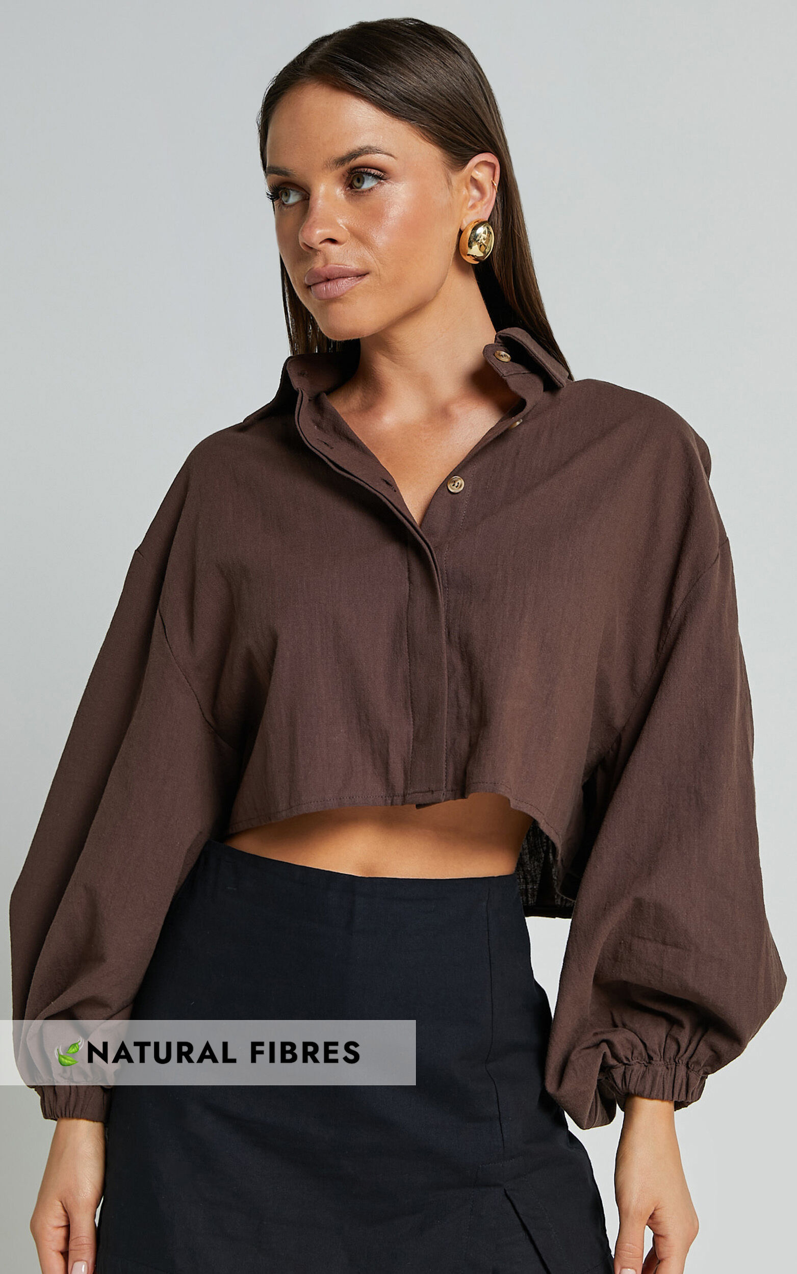 Marsha Shirt - Cropped Long Sleeve Button Up Shirt in Chocolate - 04, BRN1