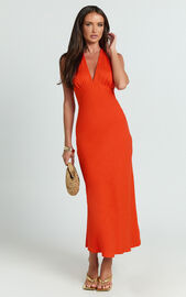 Adele Midi Dress - Halter Plunge Bias Cut Dress in Orange | Showpo EU