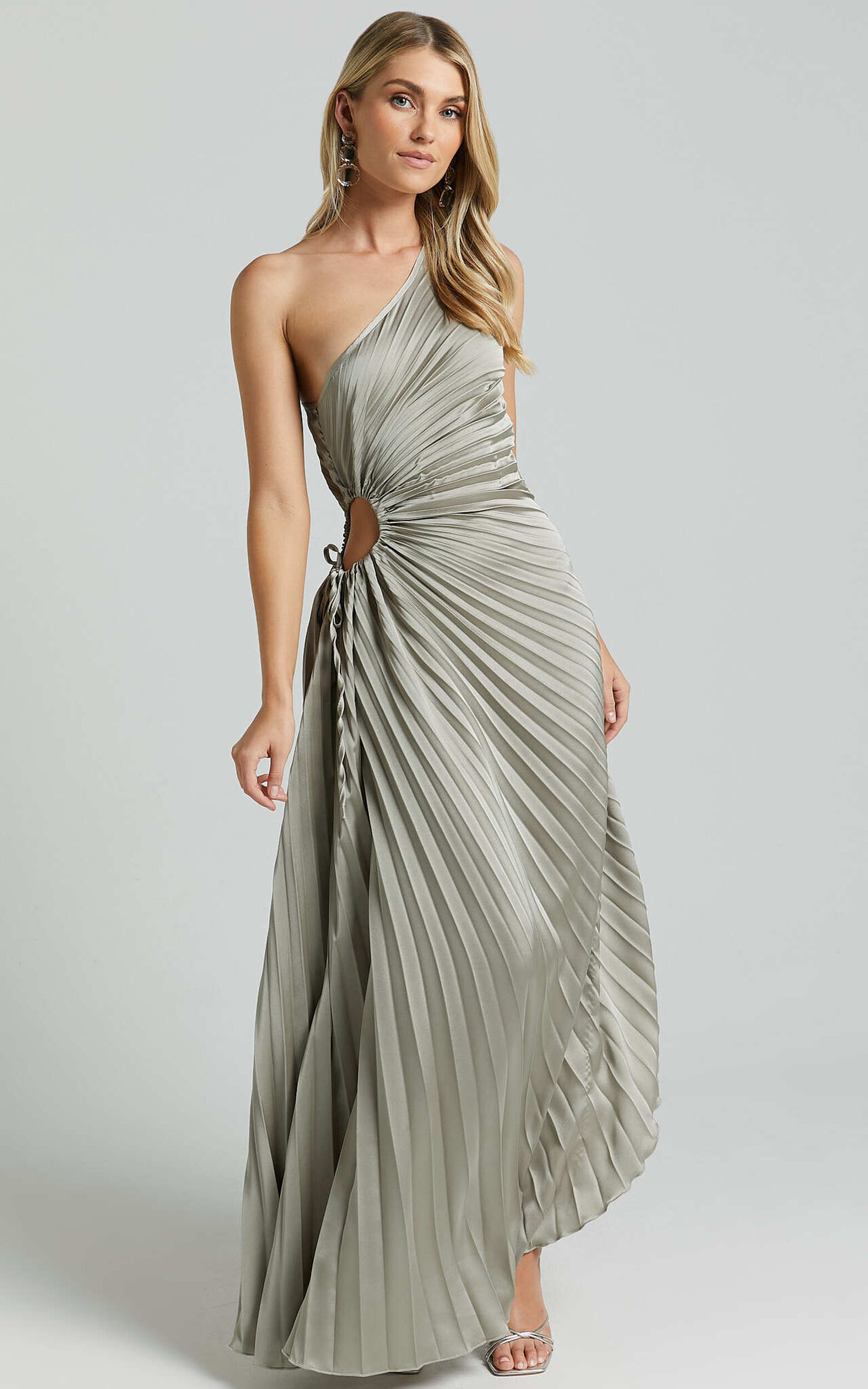 Kitsune Maxi Dress - One Shoulder Cut Out Dress in Sage - 06, GRN1