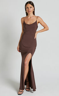 Tasteful Midi Dress - Cowl Neck Bodycon Thigh Split Dress in Dark Chocolate