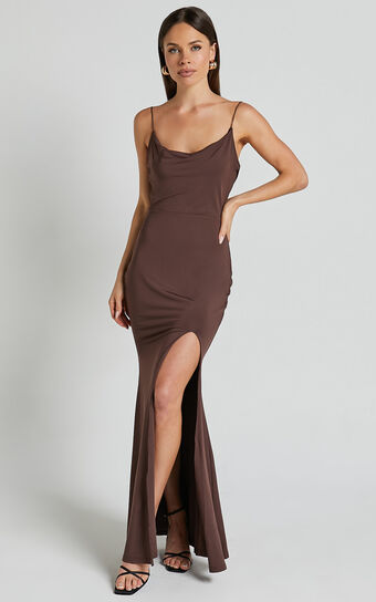 Tasteful Midi Dress - Cowl Neck Bodycon Thigh Split Dress in Dark Chocolate