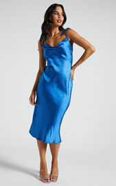 Romilly Midi Dress - Tie Strap Cowl Neck Satin Dress in Cobalt | Showpo USA