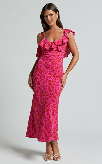 Giulia Midi Dress - One Shoulder Frill Detail Dress in Pink Floral