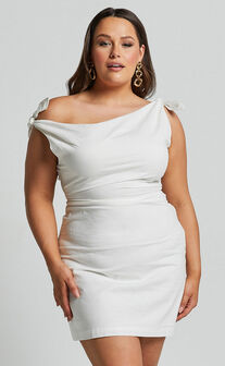 Jeofina Mini Dress - Off The Shoulder Linen Look Dress in White